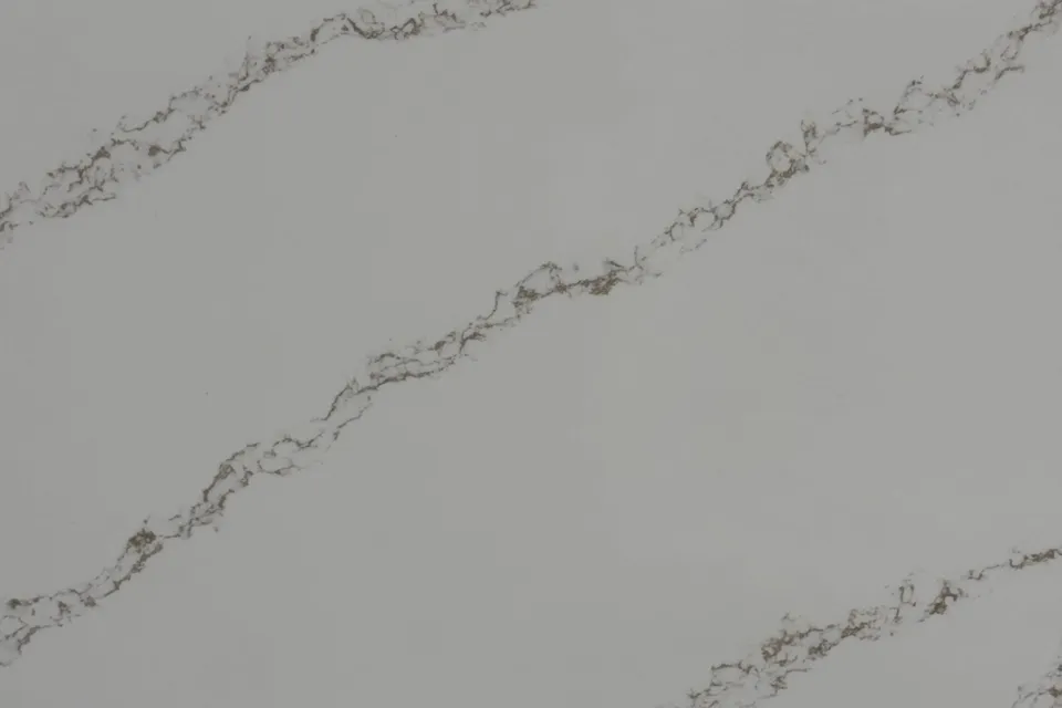 Pale gray slab crossed by evenly spaced wavy brown and gold veins running diagonally