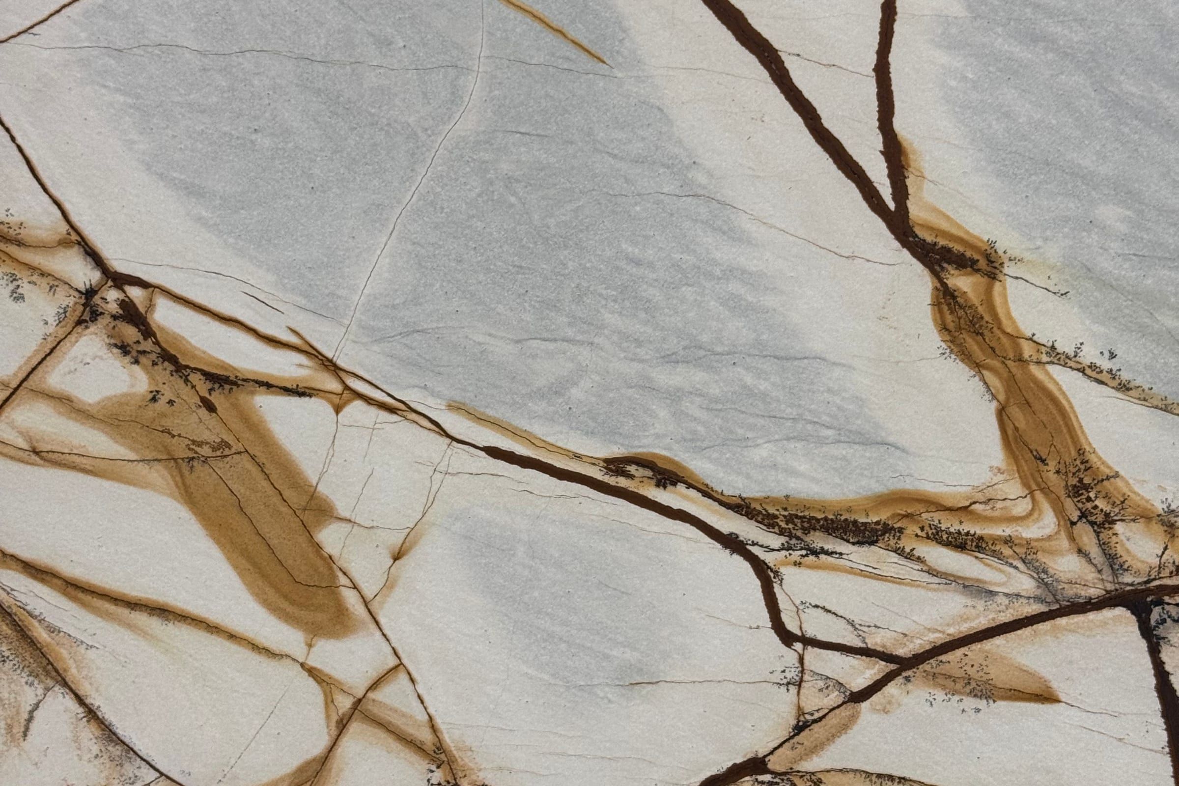 Cream and pale blue-gray stone crossed by wide dark brown and ochre veins