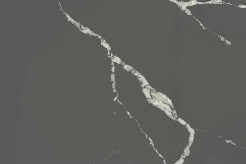 Charcoal gray slab with thin white veins branching across a smooth glossy surface